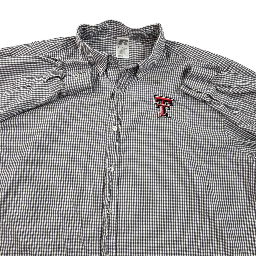 Texas Tech Red Raiders Shirt Mens 2XL Gray Plaid NCAA Football Russell Button Up
